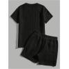 image:imageFloerns Mens 2 Piece Outfits Cable Knit Letter Patched Crewneck Tee and Shorts SetsBlack