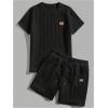 image:imageFloerns Mens 2 Piece Outfits Cable Knit Letter Patched Crewneck Tee and Shorts SetsBlack