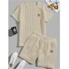 image:imageFloerns Mens 2 Piece Outfits Cable Knit Letter Patched Crewneck Tee and Shorts SetsKhaki