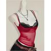 image:imageFloerns Womens 2 Piece Sheer Mesh Spaghetti Strap Y2k Cami Top with Lace BraletteRed and Black