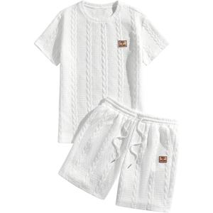 image:imageFloerns Mens 2 Piece Outfits Cable Knit Letter Patched Crewneck Tee and Shorts SetsWhite