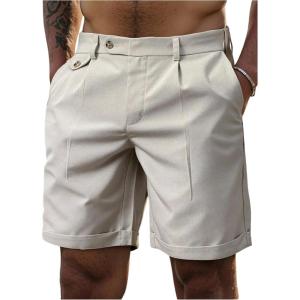 image:imageFloerns Mens Flat Front Dress Shorts Wide Leg Pleated Golf Shorts Streetwear with PocketsKhaki