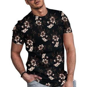 image:imageFloerns Mens Floral Print Short Sleeve Crew Neck Casual Tee Shirt TopsBlack Flower