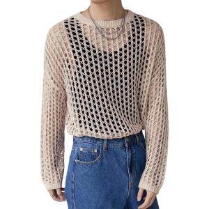 image:imageFloerns Mens Hollow Out Long Sleeve Sweater See Through Rave Outfit Knit Pullover TopsApricot