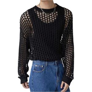 image:imageFloerns Mens Hollow Out Long Sleeve Sweater See Through Rave Outfit Knit Pullover TopsBlack