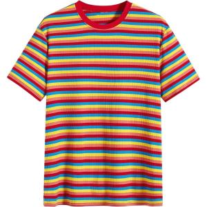 image:imageFloerns Mens Rainbow Stripe Crew Neck Tee Shirts Short Sleeve Ribbed Knit Tee TopsStriped Rainbow