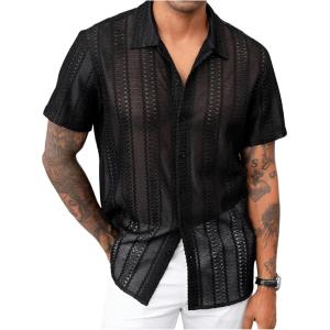 image:imageFloerns Mens Short Sleeve Jacquard Mesh Button Down Sheer Mesh Shirts BlouseBlack