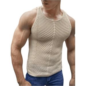 image:imageFloerns Mens Sleeveless Crew Neck Crochet Knit Sheer Tops Hollow Out SweatersApricot