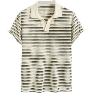 image:imageFloerns Mens Striped Crochet Button Shirts Knit Short Sleeve Collared Knit TopsApricot
