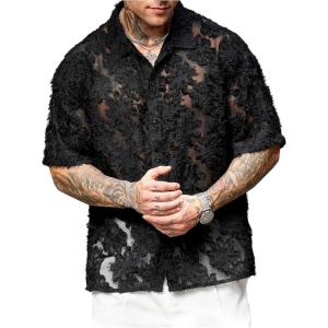 image:imageFloerns Mens Summer Blouse Short Sleeve Sheer Mesh Beach Button Down ShirtsBlack