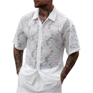 image:imageFloerns Mens Summer Blouse Short Sleeve Sheer Mesh Beach Button Down ShirtsWhite