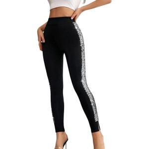 image:imageFloerns Womens Colorblock High Waist Contrast Sequin Leggings Running Yoga Workout PantsBlack