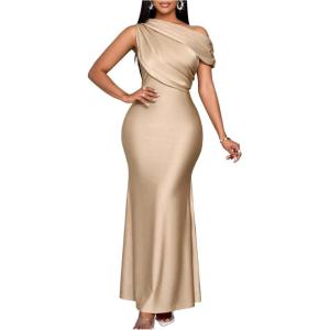 image:imageFloerns Womens Asymmetric Neck Bodycon Dresses Fishtail Ruched Cocktail Maxi DressKhaki
