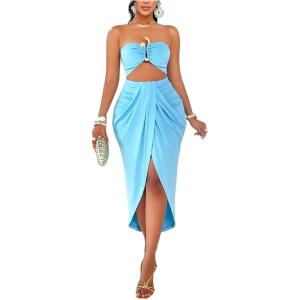 image:imageFloerns Womens Cut Out Bodycon Tube Long Dress Ruched Wrap Split Wedding Guest DressesBlue