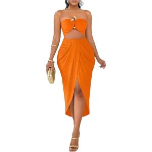 image:imageFloerns Womens Cut Out Bodycon Tube Long Dress Ruched Wrap Split Wedding Guest DressesOrange