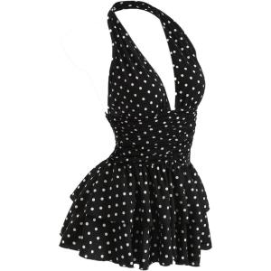 image:imageFloerns Womens Cute Halter Dress Sleeveless Polka Dots Layered Ruffle Vintage Mini DressesBlack