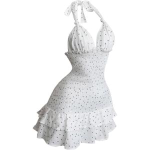 image:imageFloerns Womens Cute Halter Dress Sleeveless Polka Dots Layered Ruffle Vintage Mini DressesWhite
