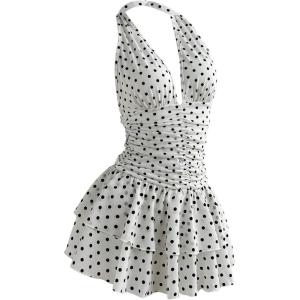 image:imageFloerns Womens Cute Halter Dress Sleeveless Polka Dots Layered Ruffle Vintage Mini DressesWhite Polka Dots
