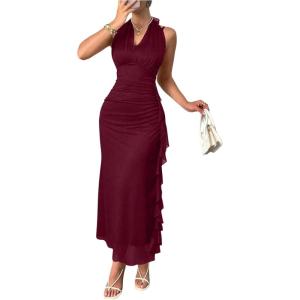 image:imageFloerns Womens Elegant Bodycon Halter Maxi Dress Ruched Sleeveless Ruffle Wedding Guest DressesBurgundy