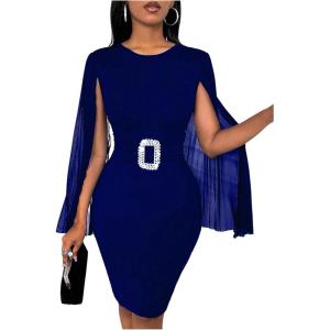 image:imageFloerns Womens Elegant Bodycon Short Cocktail Dress Mesh Sheer Cape Sleeve Wedding Guest DressesDark Blue