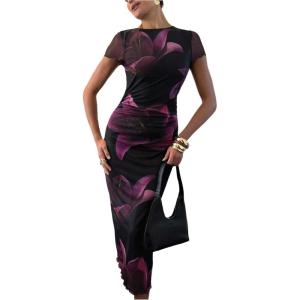 image:imageFloerns Womens Elegant Floral Mesh Midi Dress Short Sleeve Bodycon Vacation Wedding Guest DressesBlack and Purple