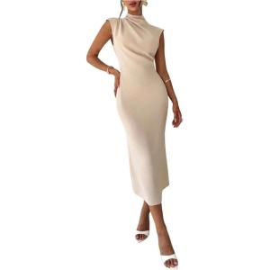 image:imageFloerns Womens Elegant Mock Neck Wedding Guest Dress Sleeveless Ruched Formal Bodycon Midi DressesApricot