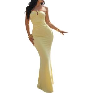 image:imageFloerns Womens Elegant Strapless Cocktail Maxi Dress Ruched Bodycon Wedding Guest DressesYellow