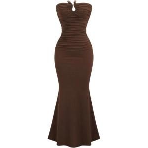 image:imageFloerns Womens Elegant Summer Maxi Dress Strapless Fishtail Hem Wedding Guest DressesBrown