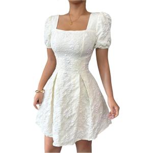 image:imageFloerns Womens Floral Jacquard Puff Sleeve Mini Dress Square Neck A Line Wedding Guest DressesApricot