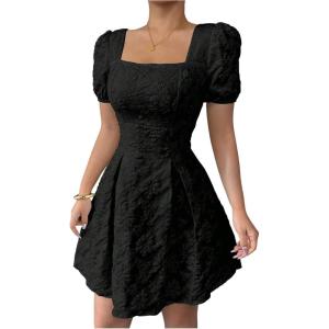 image:imageFloerns Womens Floral Jacquard Puff Sleeve Mini Dress Square Neck A Line Wedding Guest DressesBlack