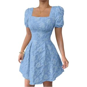 image:imageFloerns Womens Floral Jacquard Puff Sleeve Mini Dress Square Neck A Line Wedding Guest DressesBlue