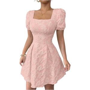 image:imageFloerns Womens Floral Jacquard Puff Sleeve Mini Dress Square Neck A Line Wedding Guest DressesPink