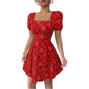 image:imageFloerns Womens Floral Jacquard Puff Sleeve Mini Dress Square Neck A Line Wedding Guest DressesRed