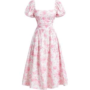 image:imageFloerns Womens Floral Square Neck Midi Dress Smocked Puff Sleeve A Line Wedding Guest DressesPink Multi