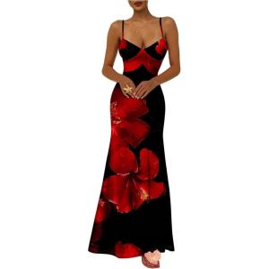 image:imageFloerns Womens Flower Spaghetti Strap Maxi Dress V Neck Tie Back Vacation Bodycon Long DressesBlack