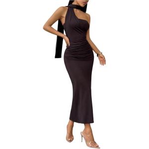 image:imageFloerns Womens Formal One Shoulder Maxi Dress Sleeveless Bodycon Party Wedding Guest Dress with ScarfChocolate Brown