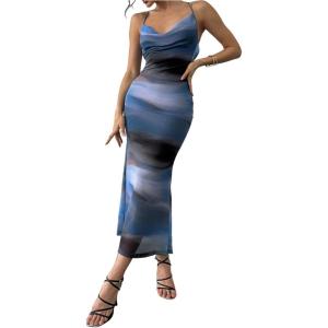 image:imageFloerns Womens Going Out Cowl Neck Bodycon Dress Criss Cross Tie Back Slip Wedding Guest Long DressesBlue