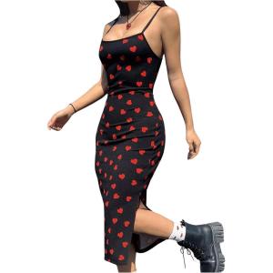 image:imageFloerns Womens Heart Print Spaghetti Strap Midi Dress Split Hem Summer Cami DressBlack