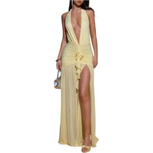 image:imageFloerns Womens Mesh Backless Halter Maxi Dress Split Ruffle Trim Going Out Party DressesLight Yellow