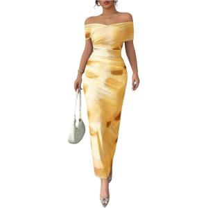 image:imageFloerns Womens Mesh Off The Shoulder Dress Ruched Wrap Front Bodycon Maxi Party DressesYellow