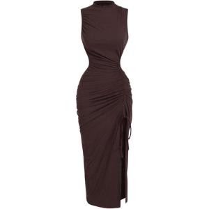 image:imageFloerns Womens Mock Neck Tank Dress Sleeveless Drawstring Night Out Bodycon Midi DressesCoffee Brown