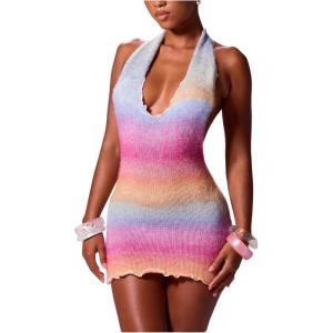 image:imageFloerns Womens Ombre Print Sweater Dress Sleeveless Halter Neck Bodycon Mini DressesPink Multi