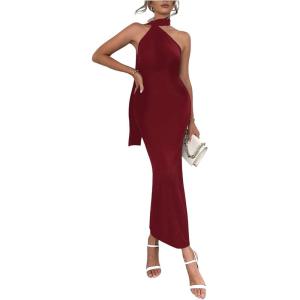 image:imageFloerns Womens One Shoulder Formal Maxi Dress Sleeveless Bodycon Wedding Guest Dress with ScarfBurgundy