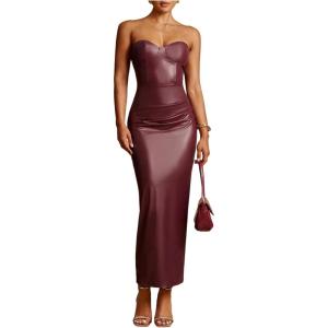 image:imageFloerns Womens PU Leather Strapless Tube Dress Y2K Sleeveless Split Bodycon Maxi Party DressesRed