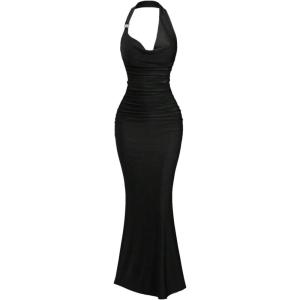 image:imageFloerns Womens Party Halter Dress Ruched Fishtail Hem Evening Bodycon Long DressesBlack