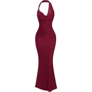 image:imageFloerns Womens Party Halter Dress Ruched Fishtail Hem Evening Bodycon Long DressesRed