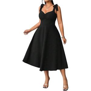 image:imageFloerns Womens Plus Size Elegant Tie Shoulder Midi Dress Ruched A Line Graduation Wedding Guest DressBlack