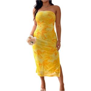 image:imageFloerns Womens Plus Size Floral Tube Dress Ruched Sleeveless Side Slit Wedding Guest DressesYellow