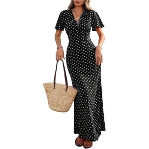 image:imageFloerns Womens Polka Dots V Neck Maxi Dress Elegant Short Sleeve Tie Back A Line Cocktail DressesBlack