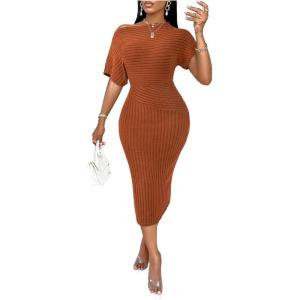 image:imageFloerns Womens Rib Knit Dolman Sleeve Sweater Dress Asymmetrical Neck Bodycon Midi DressRust Brown